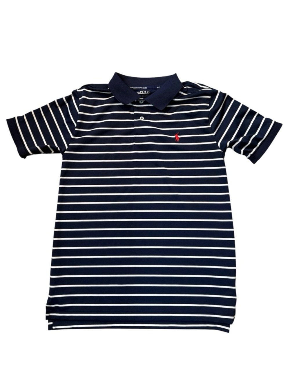Polo Ralph Lauren Boys Navy and White Performance Striped Polo with Red Pony M
